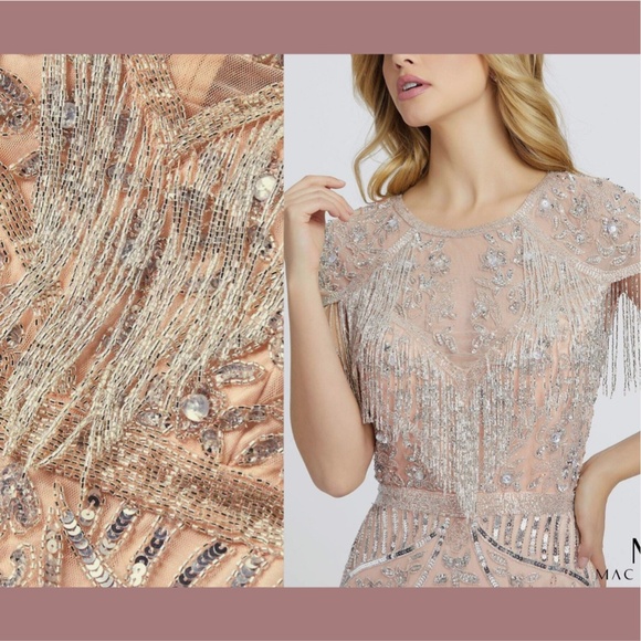 NWT $598 MAC DUGGAL [ 10 ] Embellished Fringe‎ Cap Sleeve Gown Platinum Pink - Picture 16 of 16